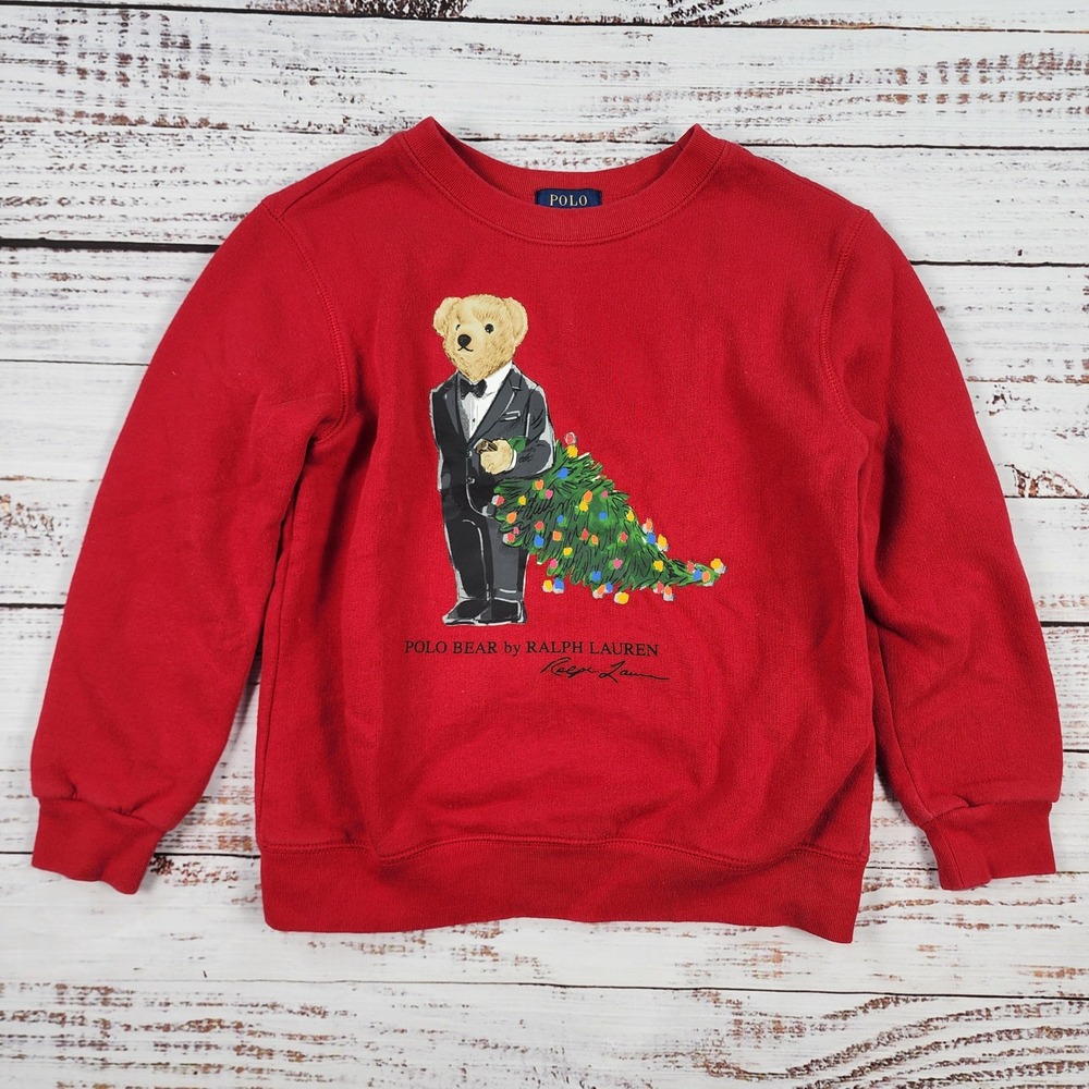 Polo Ralph Lauren Polo Bear Christmas Tree Tuxedo Sweatshirt Boys Size 7 Red